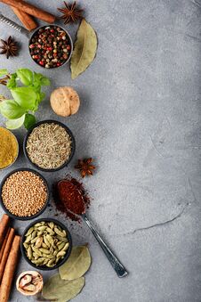 Wooden Table Of Colorful Spices. Top View Stock Photography