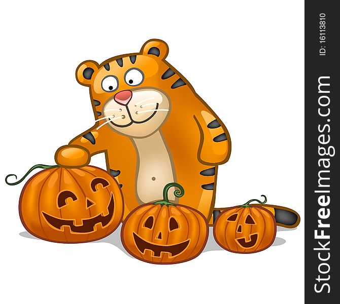 Fun tiger with three pumpkin. Fun tiger with three pumpkin