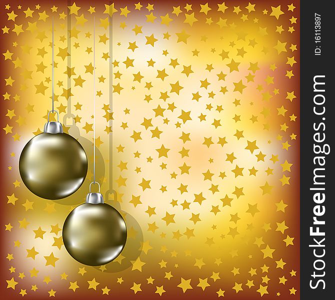 Christmas golden balls and stars yellow  background