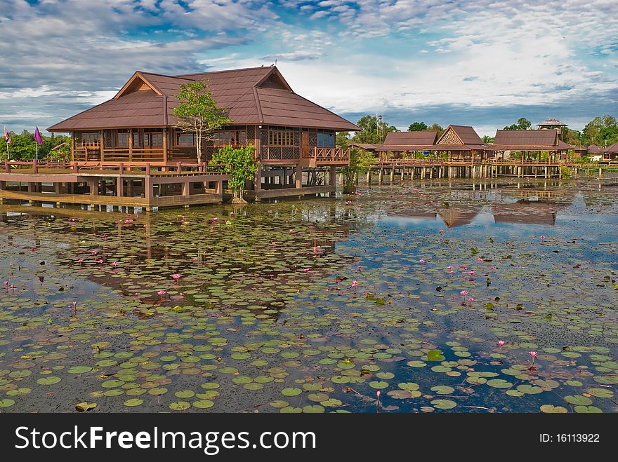 View of Lake side Hotel at Phatthalung, Thailand