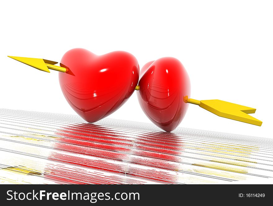 Two hearts pierced by an arrow. 3D image.