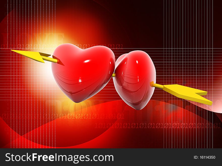 Two hearts pierced by an arrow. 3D image.