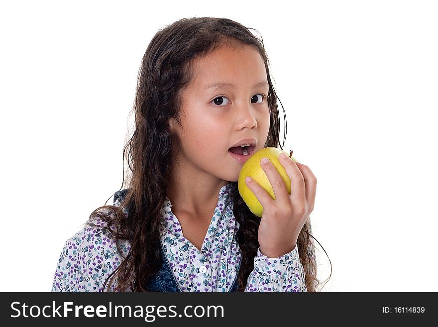 Girl eats apple, healthy food with fruit before white background