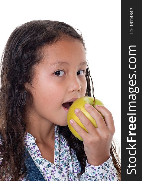 Girl eats apple, healthy food with fruit before white background
