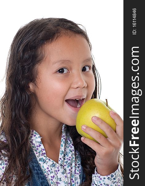 Girl eats apple, healthy food with fruit before white background