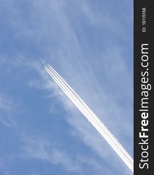 Long airplane trails in the sky