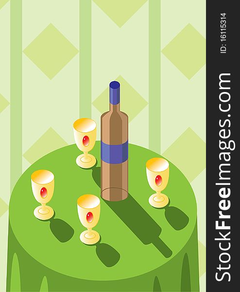 Bottle and golden cups on green table. Vector illustration