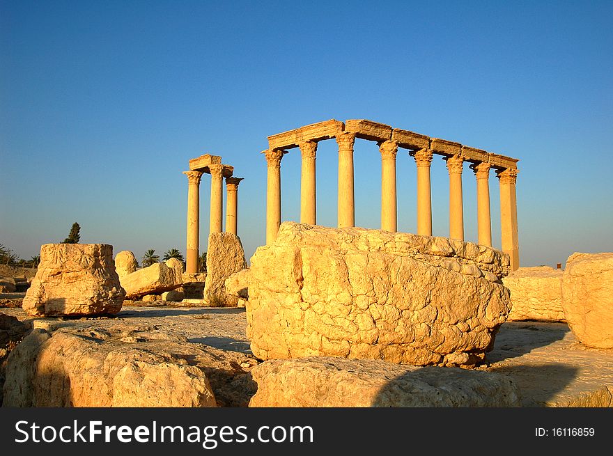 Scenery of the famous site of Palmyra in Syria.Ancient Roman time town in Palmyra (Tadmor), Syria. Greco-Roman & Persian Period. Details.