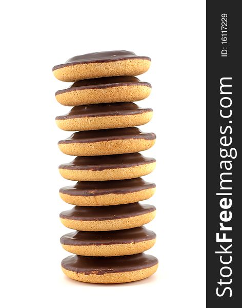 Subject: A stack of Chocolate Chip Cookies isolated on a white background. Subject: A stack of Chocolate Chip Cookies isolated on a white background