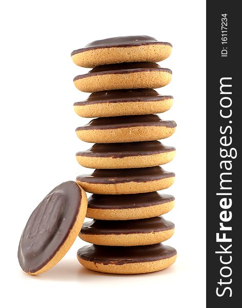 Subject: A stack of chocolate chip cookies isolated on a white background. Subject: A stack of chocolate chip cookies isolated on a white background.