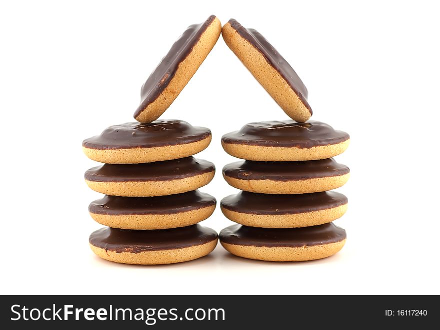 Subject: A stack of chocolate chip cookies isolated on a white background. Subject: A stack of chocolate chip cookies isolated on a white background.