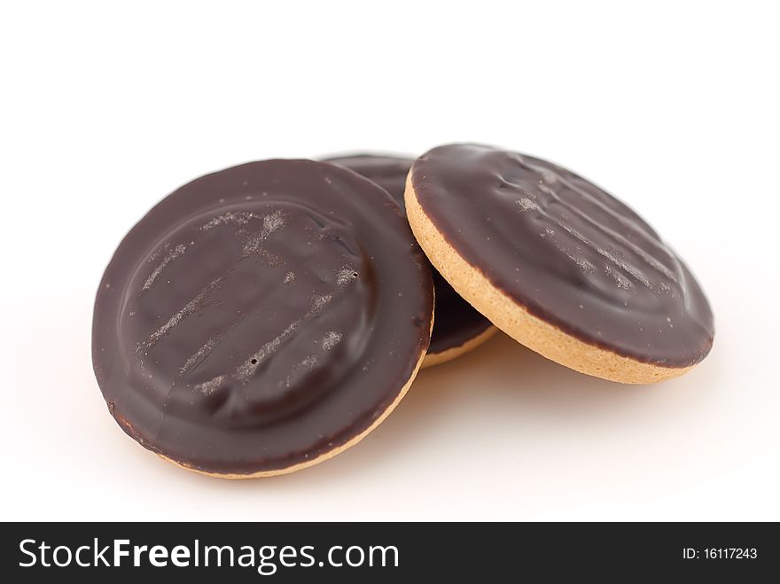 Subject: three chocolate chip cookies isolated on a white background