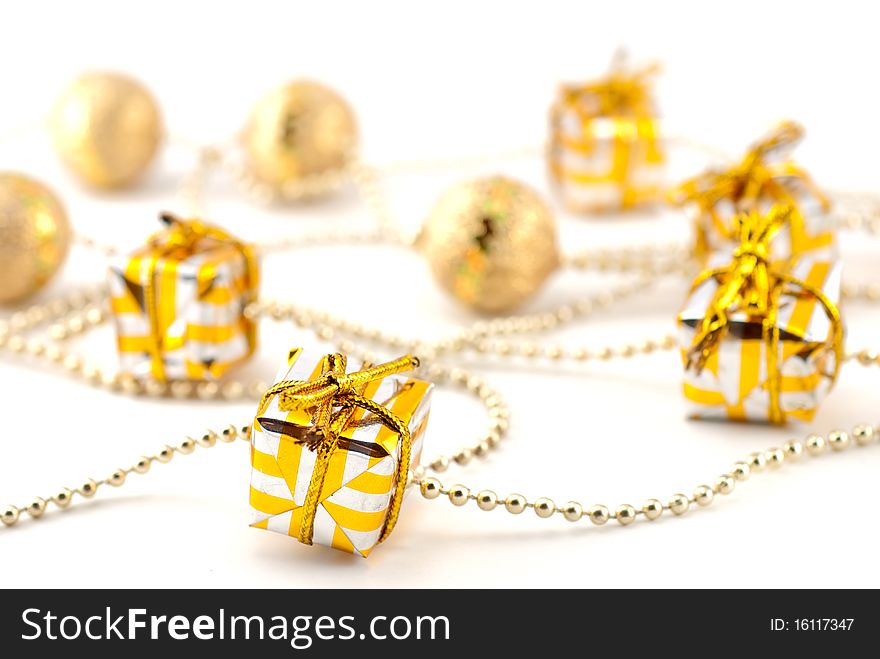 Studio shot of christmas decoration with golden gifts