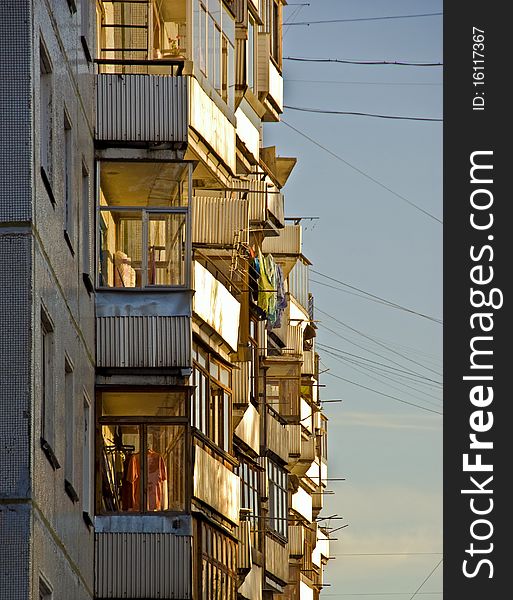 Balcony of an apartment house on the skyline. Balcony of an apartment house on the skyline