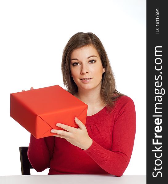 Women with red box isolated on white