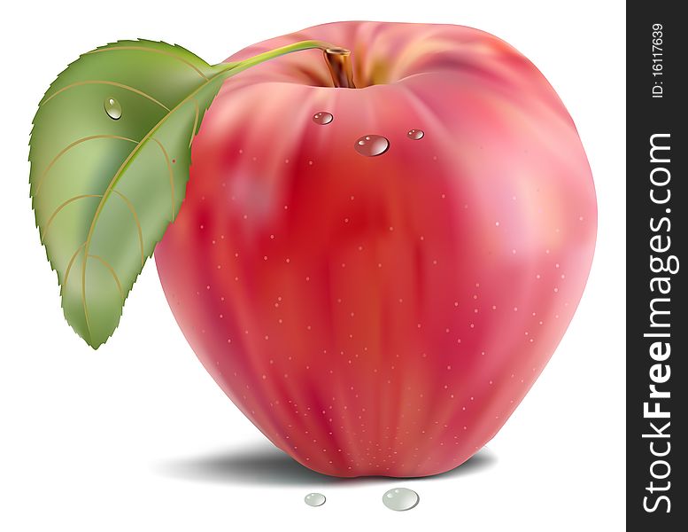 Fresh red apple with green leaf
