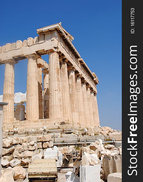 A side back close up view of Parthenon in Athens, Greece. A side back close up view of Parthenon in Athens, Greece