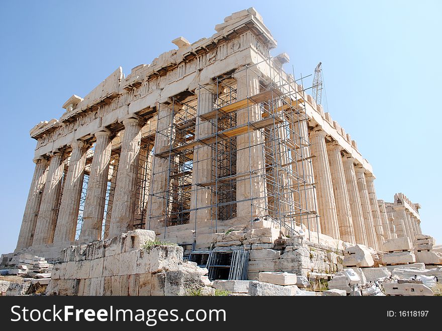 A side front close up view of Parthenon in Athens, Greece. A side front close up view of Parthenon in Athens, Greece