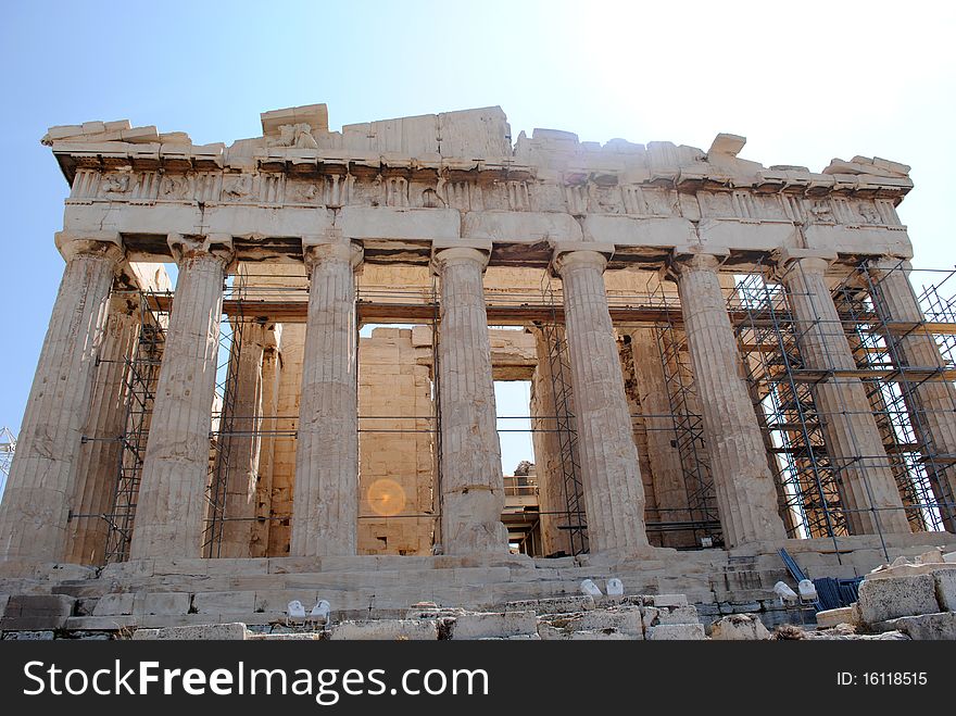 A front close up view of Parthenon in Athens, Greece. A front close up view of Parthenon in Athens, Greece