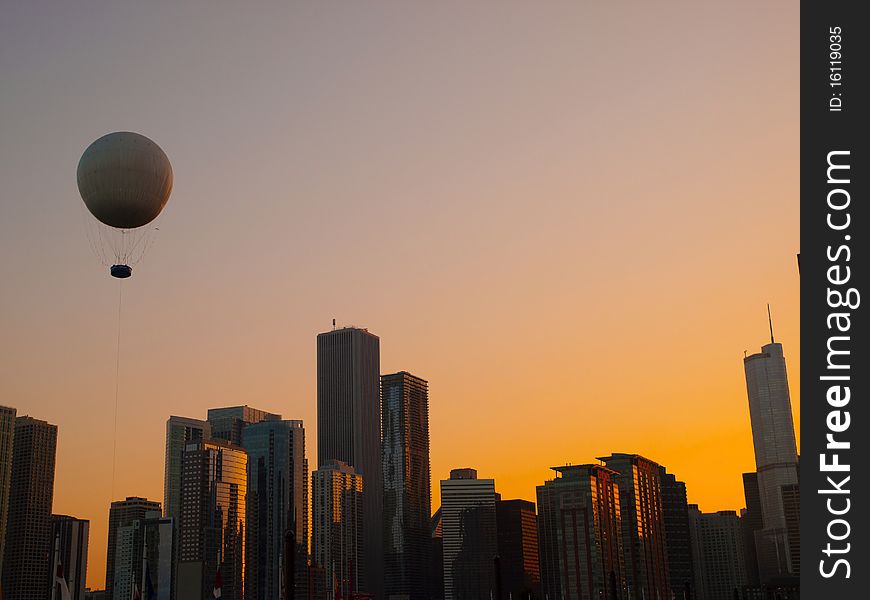 Chicago Skyline at Sunset in a beauty sunny day