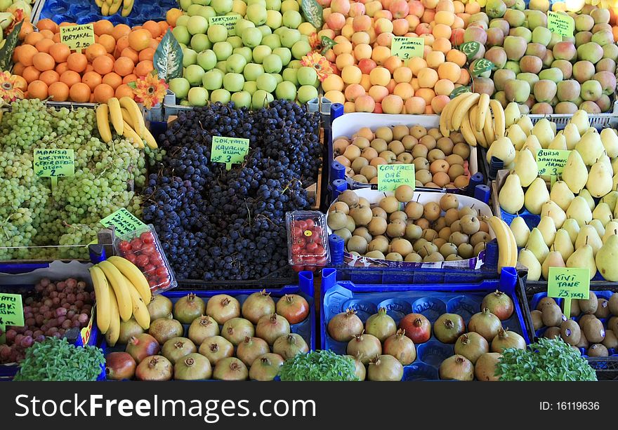 A view of greengrocer. The fruits are seem very fresh and healthy.