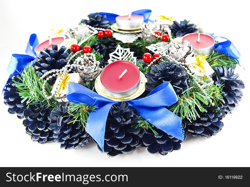 Christmas wreath isolated cone candles red blue