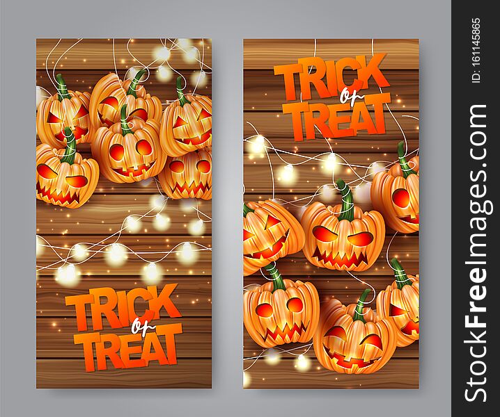 Halloween trick or treat flyer set with pumpkin creepy faces and lights garland over wooden board background.