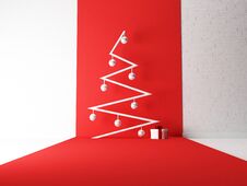 Modern New Year`s Tree With The Gift, 3d Stock Photos