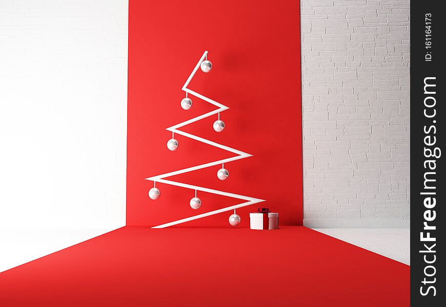 Modern New Year`s Tree With The Gift, 3d