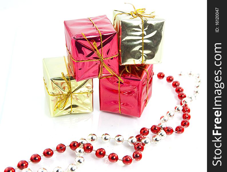 Christmas gifts decoration isolated pearls red silver gold