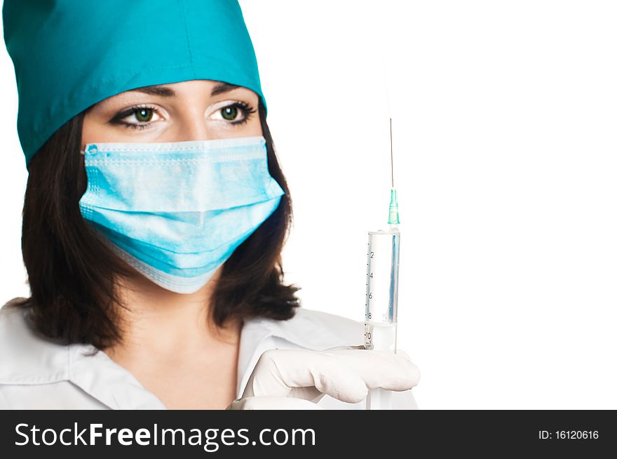 Portrait of doctor with syringe in hand isolated on white