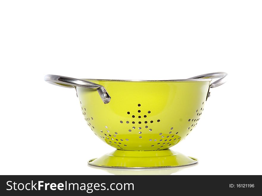 An empty green strainer isolated on white background