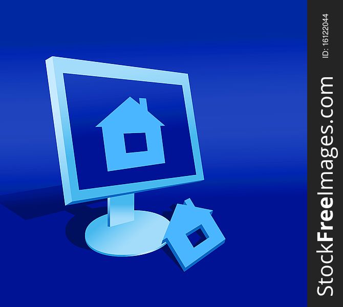 Model of a house and computer on a blue background