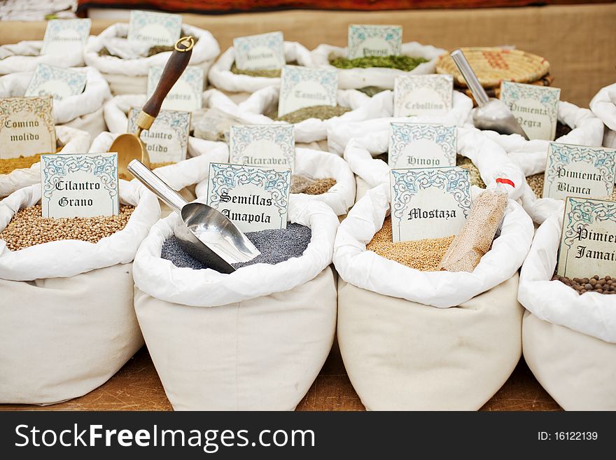 Herbs, spices and other natural products in sacks