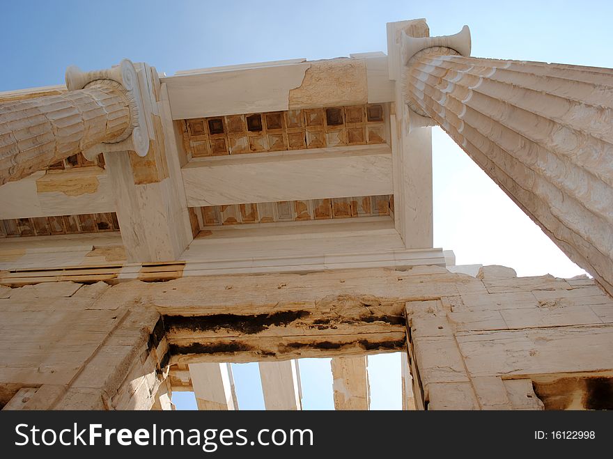 A close up view of Propylaea in Acropolis, Athens, Greece. A close up view of Propylaea in Acropolis, Athens, Greece