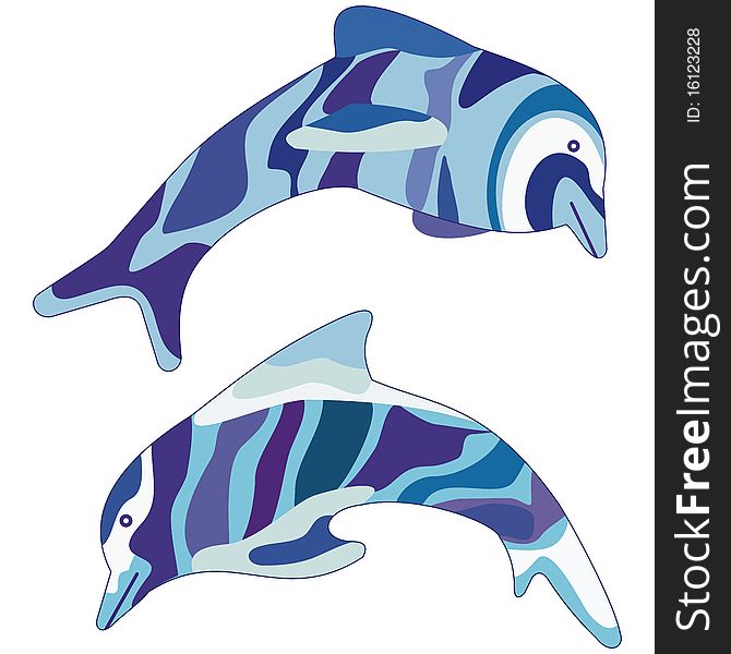 Illustration and contours of two dolphins. Illustration and contours of two dolphins