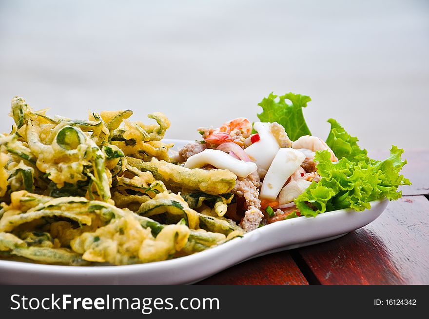 Thai food - Seafood Spicy salad with fried vegetable