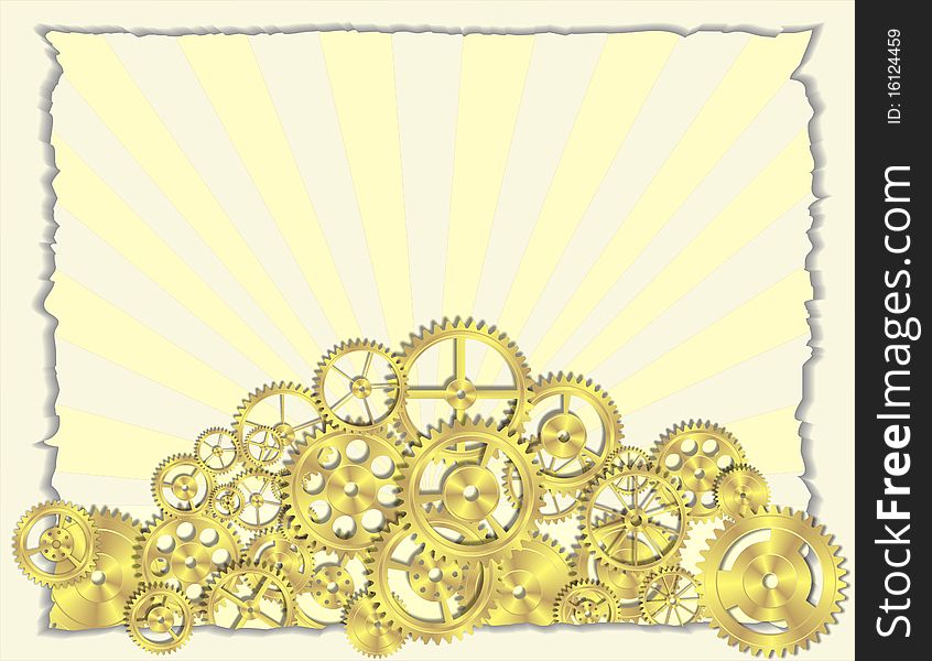 Assorted Brass Gears on a Torn Paper Background. Assorted Brass Gears on a Torn Paper Background