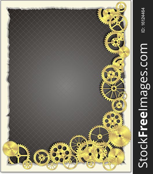 Assorted Brass Gears on a Torn Paper Background. Assorted Brass Gears on a Torn Paper Background