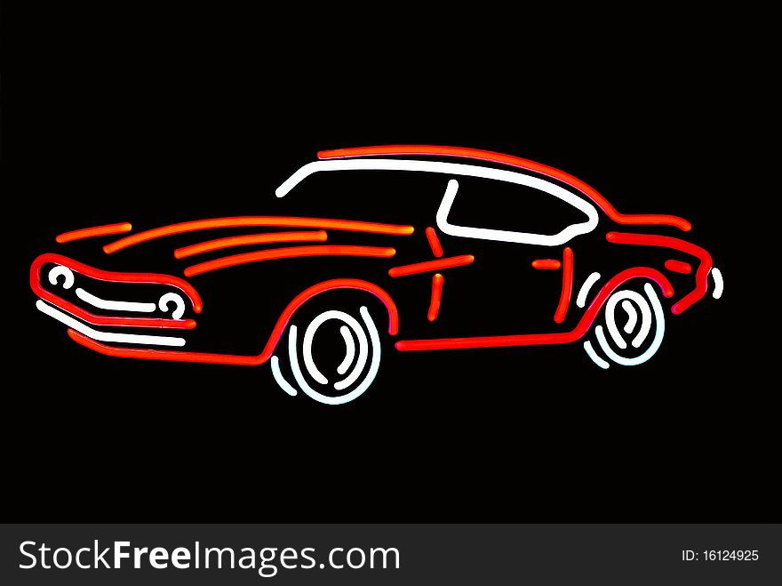 Red and white neon outline of a sporty classic car. Red and white neon outline of a sporty classic car.