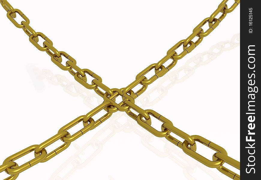 Gold chains with common central link, white background.