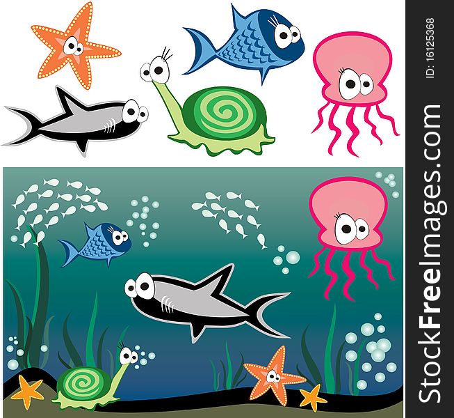 Vector fish under water - shark, snail, starfish, octopus and others fishes. Vector fish under water - shark, snail, starfish, octopus and others fishes