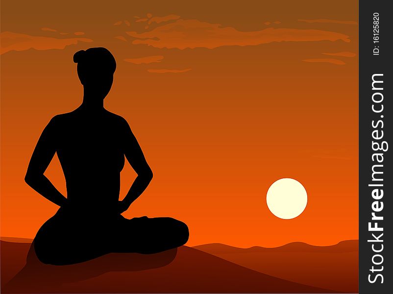 Young woman meditatin on sunset, vector illustration. Young woman meditatin on sunset, vector illustration