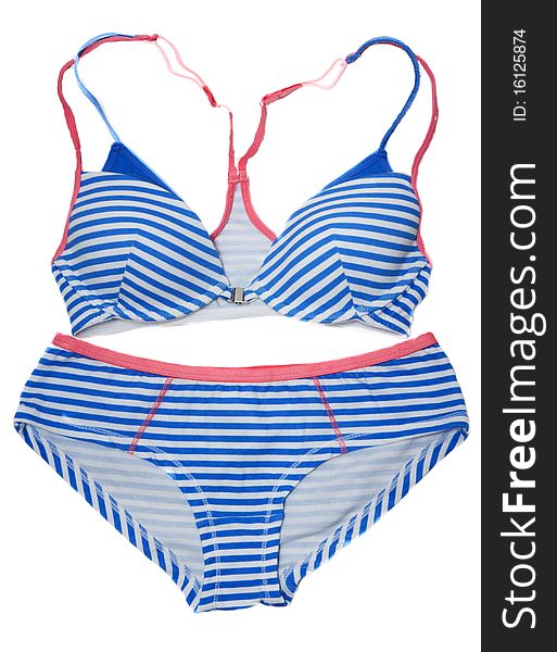 Striped swimsuit with blue line on white background