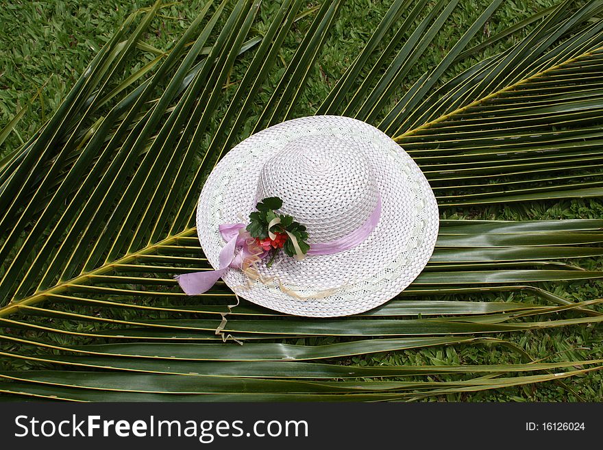 White hat on a palm leaf, symbol for holidays, relaxation in sunny, tropical places. White hat on a palm leaf, symbol for holidays, relaxation in sunny, tropical places