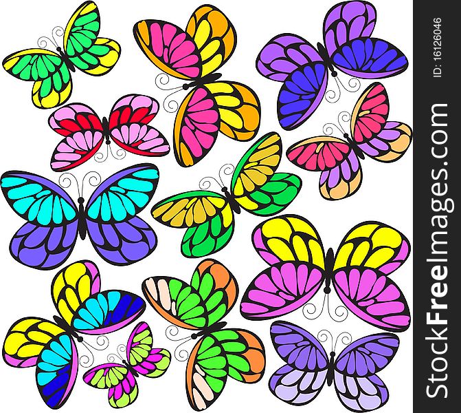 Many multi-colored butterflies on a white background