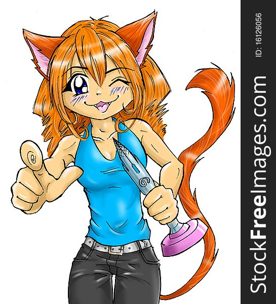 The neko-girl with a cup in a hand, a raster. The neko-girl with a cup in a hand, a raster