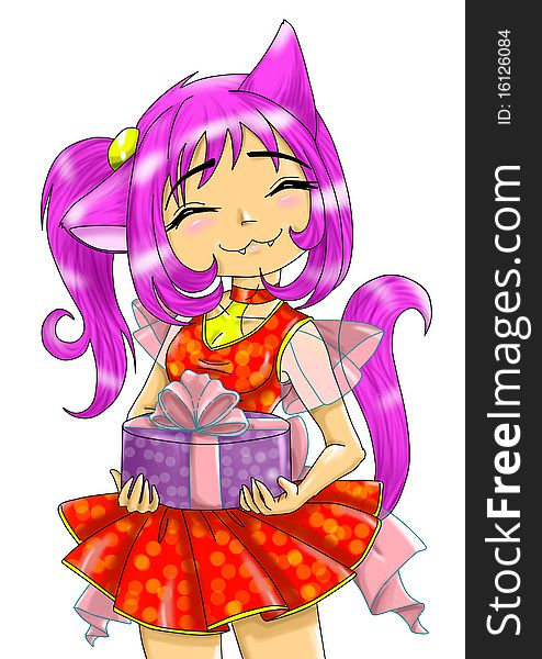 The girl-neko in a pink dress with a gift in hands, a raster. The girl-neko in a pink dress with a gift in hands, a raster