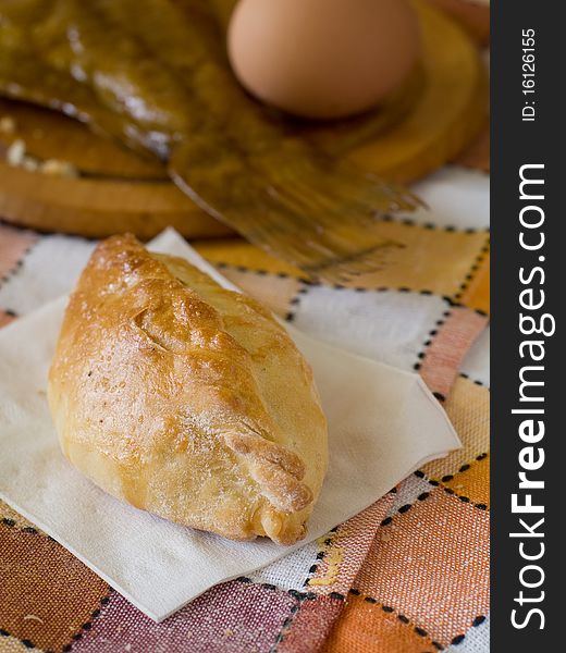 Traditional homemade russian pie with fish and eggs. Traditional homemade russian pie with fish and eggs