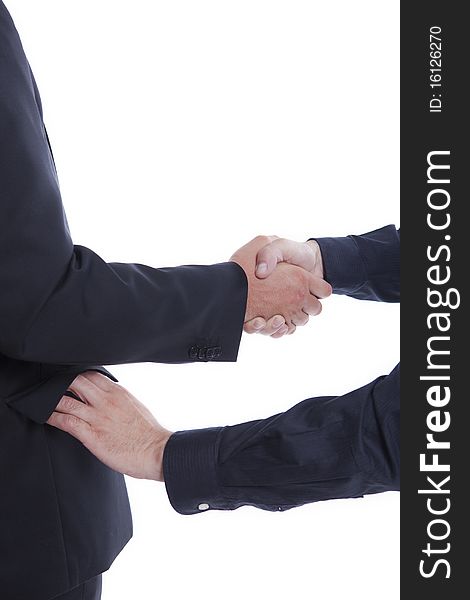 Businessman shaking hands, isolated on white, other hand in pocket. Businessman shaking hands, isolated on white, other hand in pocket